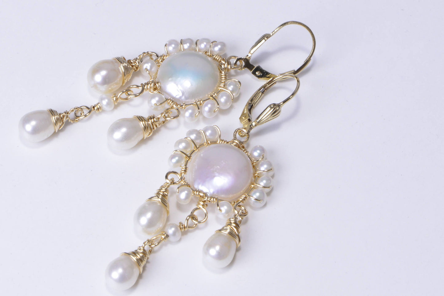 Gold Filled Freshwater Pearl Earrings, Sculpture Wire Wrapped