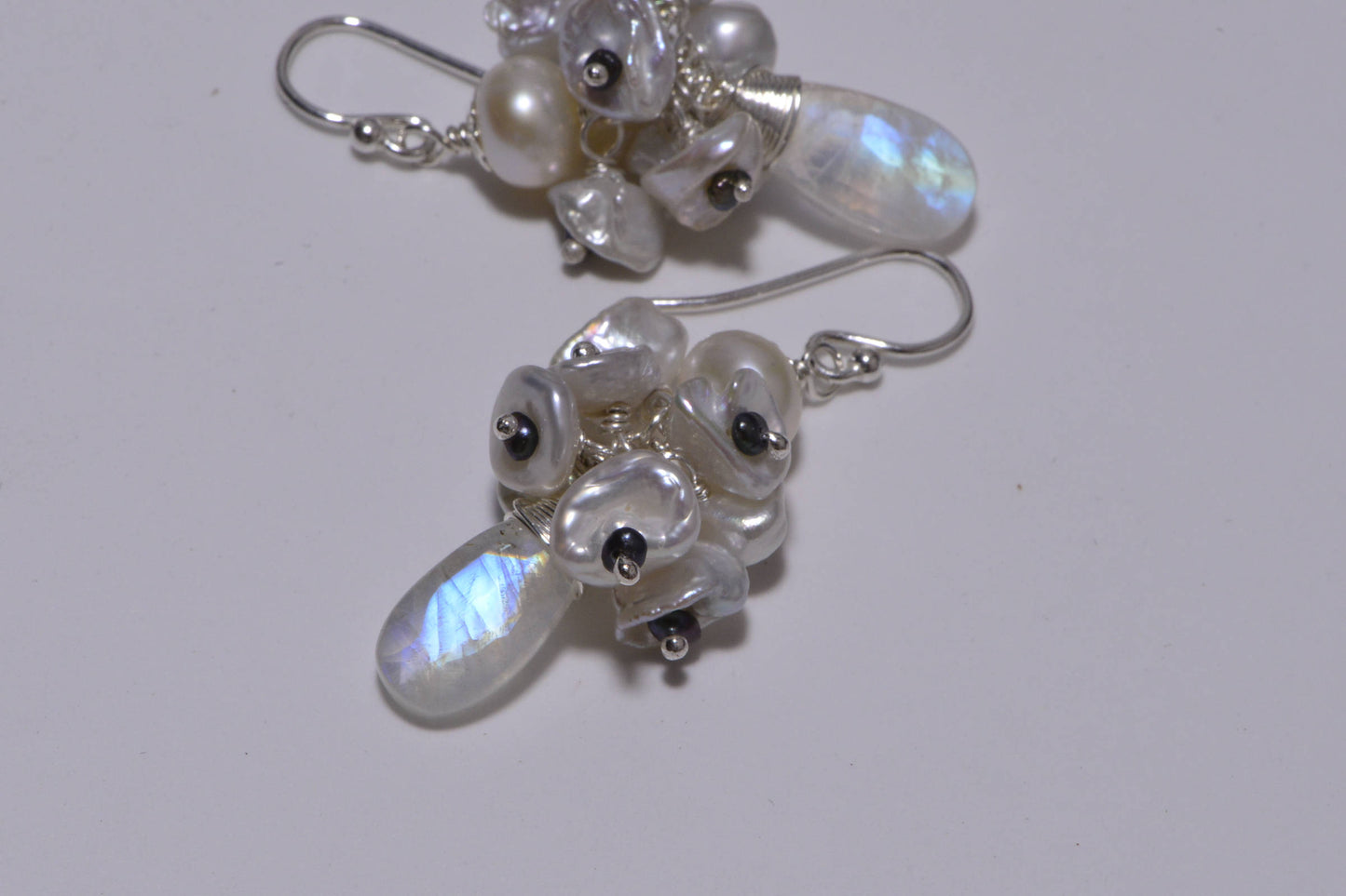 Moonstone & Keishi Pearl Sterling Silver Cascade Earrings