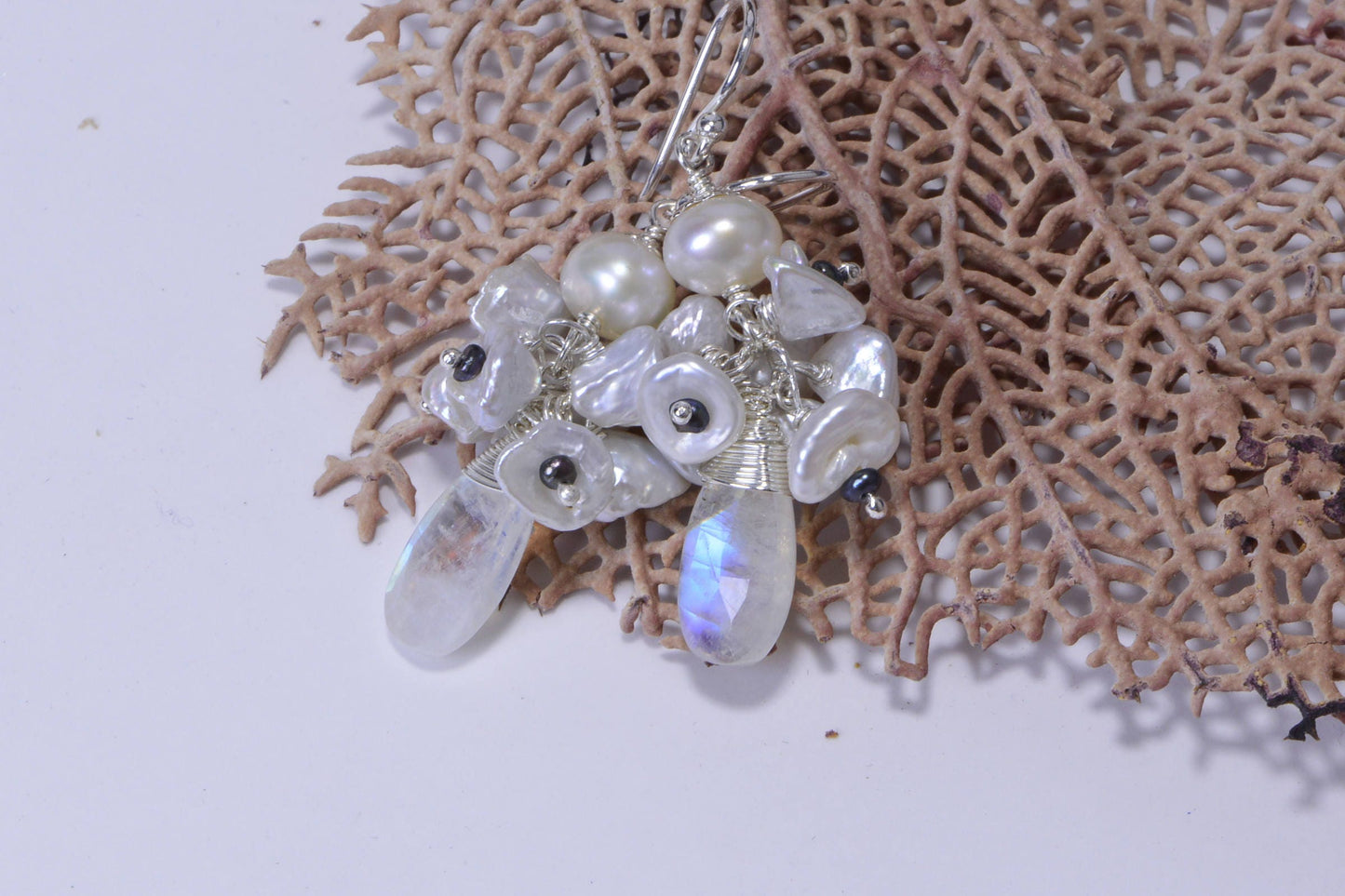 Moonstone & Keishi Pearl Sterling Silver Cascade Earrings