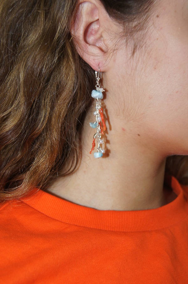 Larimar Coral Pearl Sterling Silver Earrings, Handmade Dangle Earrings