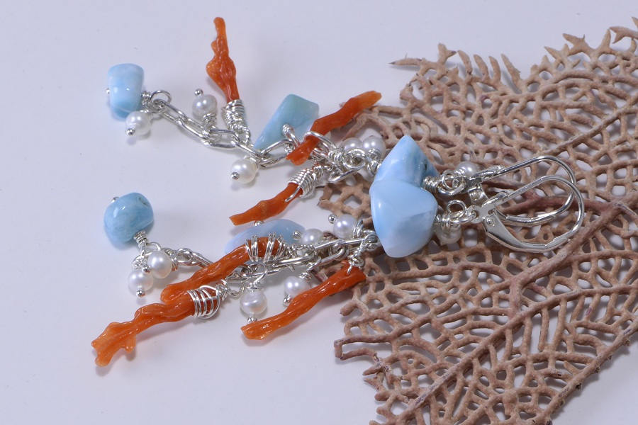 Larimar Coral Pearl Sterling Silver Earrings, Handmade Dangle Earrings