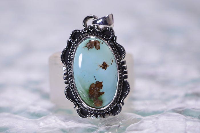 Authentic Royston Turquoise Pendant Sterling Silver Bezel Setting Large Oval Pendant