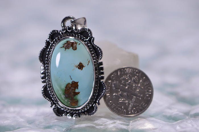 Authentic Royston Turquoise Pendant Sterling Silver Bezel Setting Large Oval Pendant