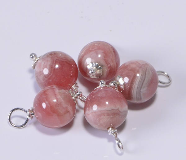 Rhodochrosite Sterling Silver Wire Wrapped Pendant, 8mm Dangle Bead
