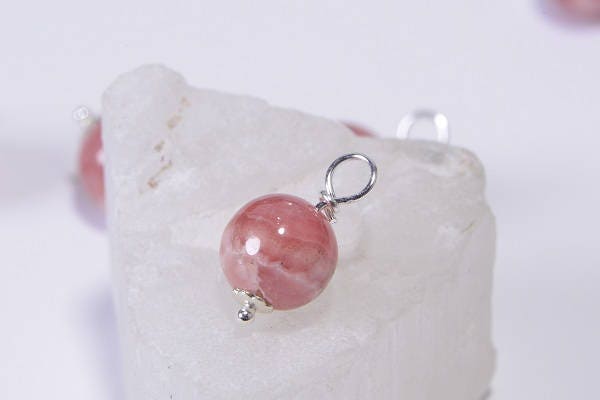 Rhodochrosite Sterling Silver Wire Wrapped Pendant, 8mm Dangle Bead