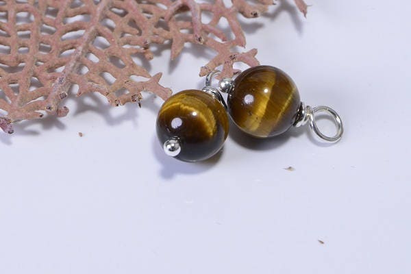 Tiger Eye Gemstone Dangle Beads, Silver Plated, Charm Beads (2 bead)