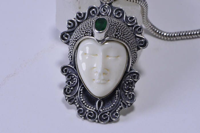 Moon Face bone carved  framed on sterling silver Natural Emerald Stone Pendant Patina Jewelry