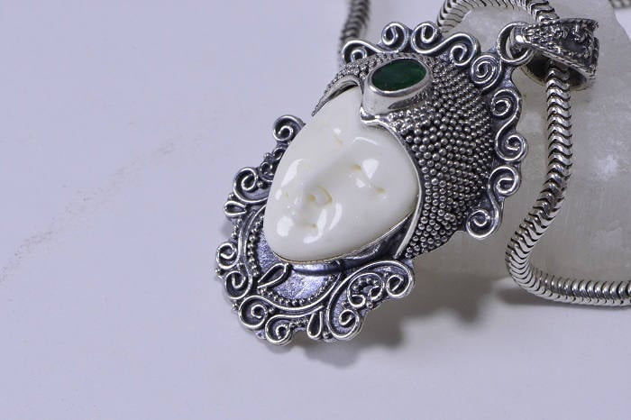 Moon Face bone carved  framed on sterling silver Natural Emerald Stone Pendant Patina Jewelry