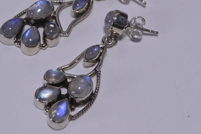 Moonstone Sterling Silver Earrings: Peacock Tail Studs