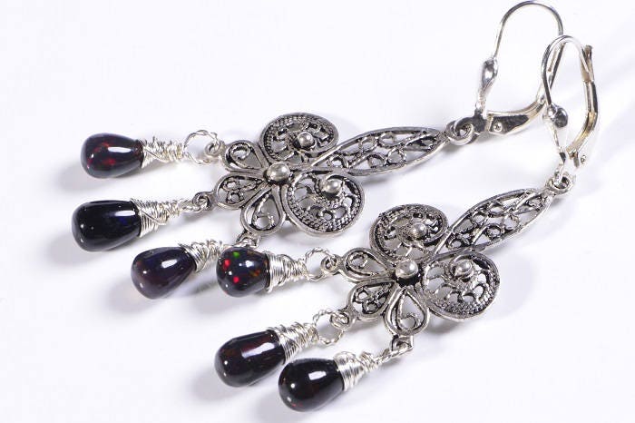 Black Opal Sterling Silver Filigree Chandelier Earrings