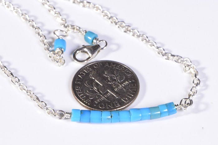 Sleeping Beauty Turquoise Bar Necklace, Sterling Silver Heishi Beads