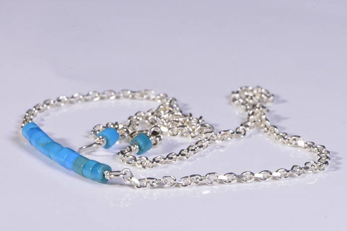Sleeping Beauty Turquoise Bar Necklace, Sterling Silver Heishi Beads