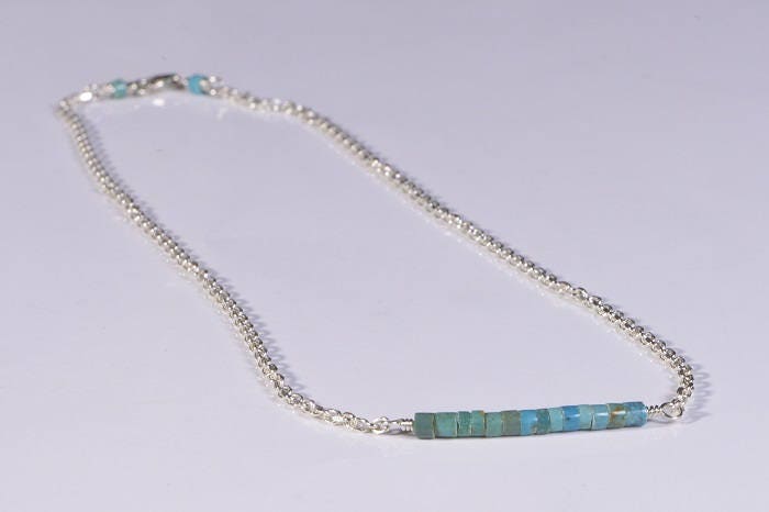 Kingman Turquoise Bar Necklace, Sterling Silver Heishi Beads
