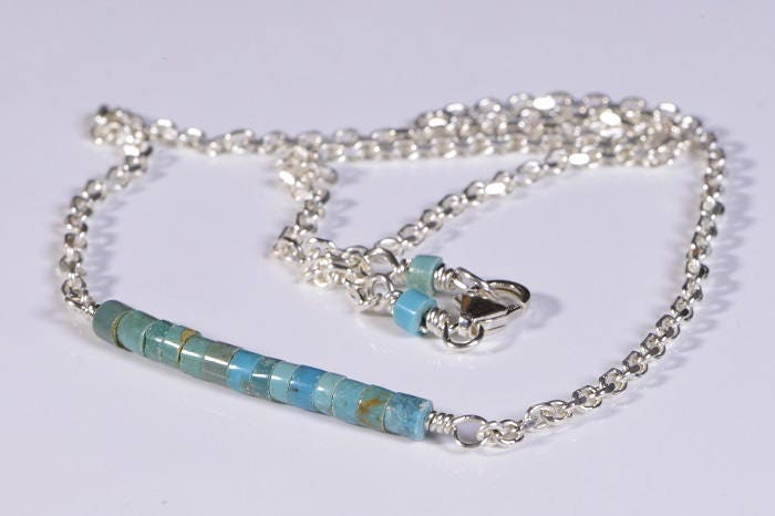 Kingman Turquoise Bar Necklace, Sterling Silver Heishi Beads