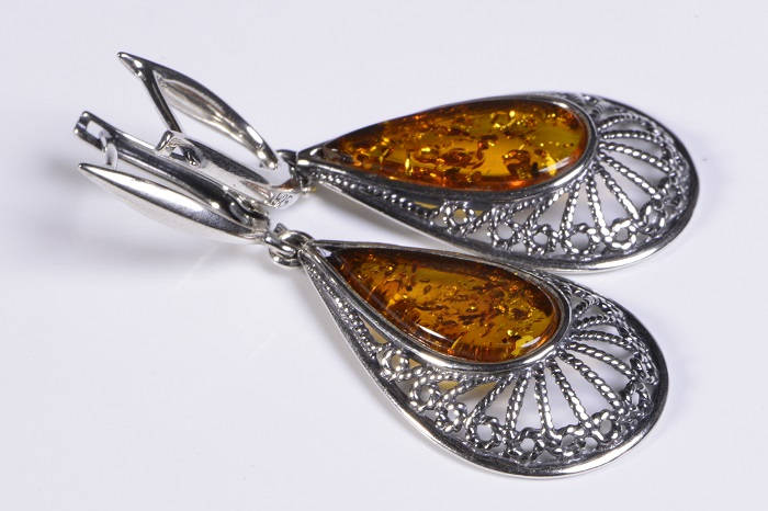 Baltic Amber Dangle Earrings: Sterling Silver Filigree Jewelry