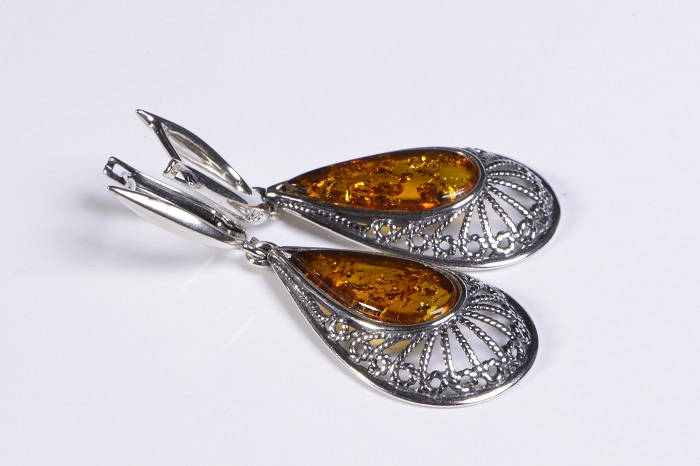 Baltic Amber Dangle Earrings: Sterling Silver Filigree Jewelry