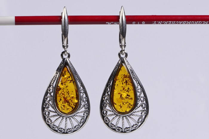 Baltic Amber Dangle Earrings: Sterling Silver Filigree Jewelry
