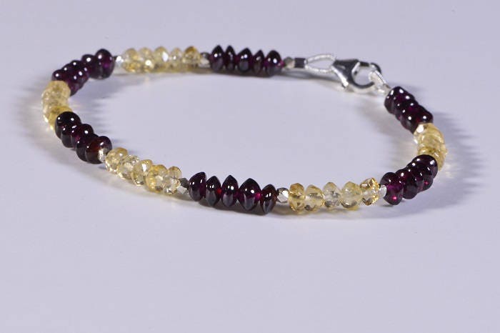 Garnet & Citrine Bracelet, Sterling Silver Beads, Crystal Healing, 7.5 Inch