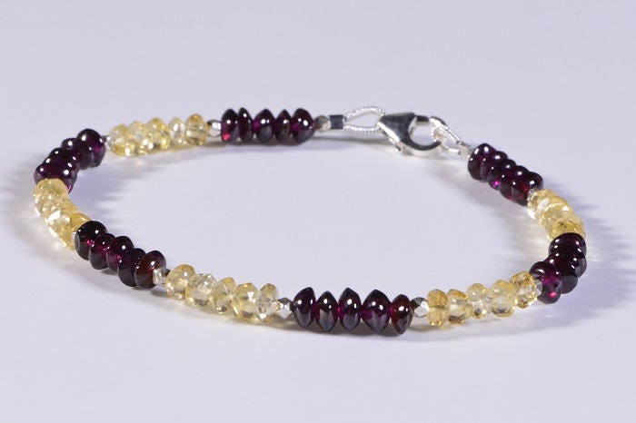 Garnet & Citrine Bracelet, Sterling Silver Beads, Crystal Healing, 7.5 Inch