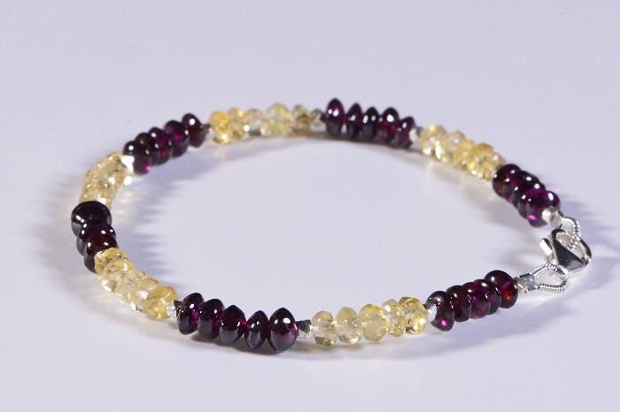 Garnet & Citrine Bracelet, Sterling Silver Beads, Crystal Healing, 7.5 Inch