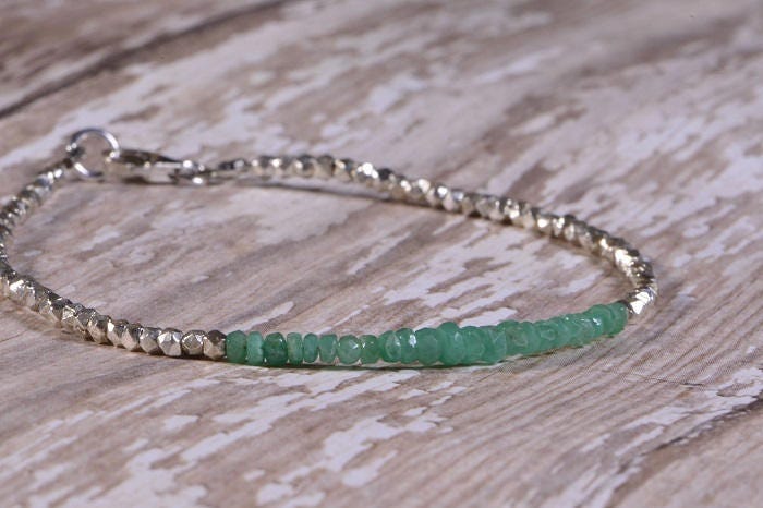 Genuine Colombian Emerald Bracelet, Sterling Silver Facet Bead Bracelet