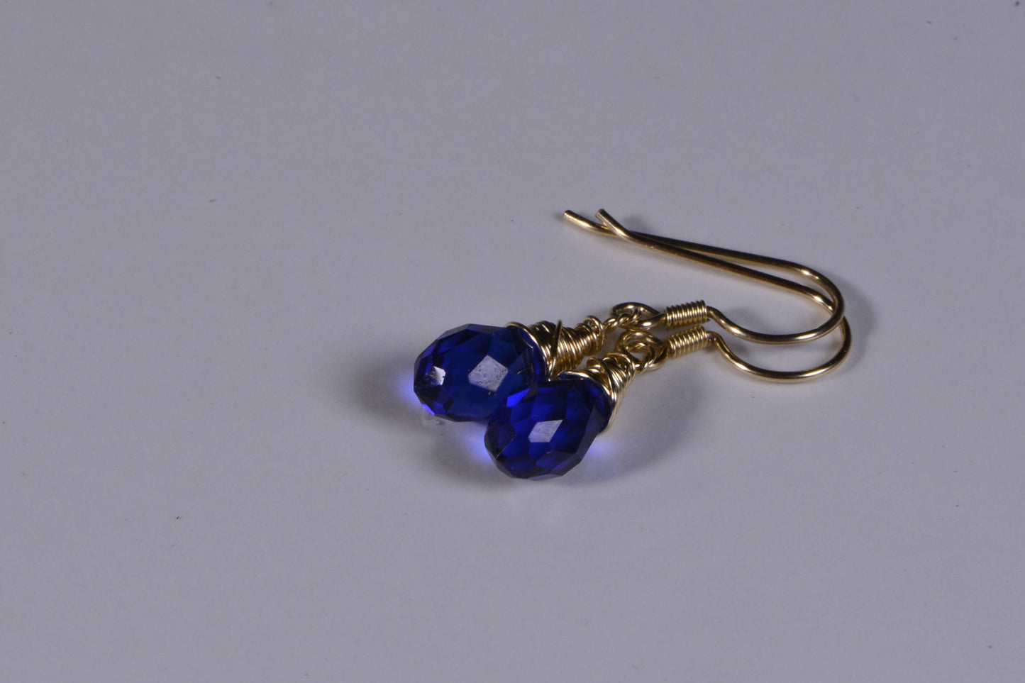 Sapphire Drop Earrings Crystal Glass Earrings 14K gold Filled Wire Wrap