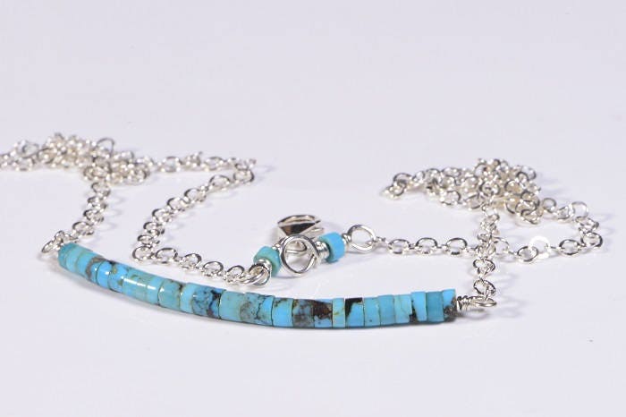 Sleeping Beauty Turquoise Bar Necklace, Sterling Silver Boho Choker