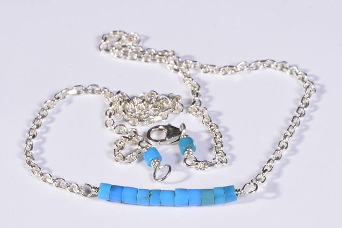 Sleeping Beauty Turquoise Bar Necklace, Sterling Silver Heishi Beads