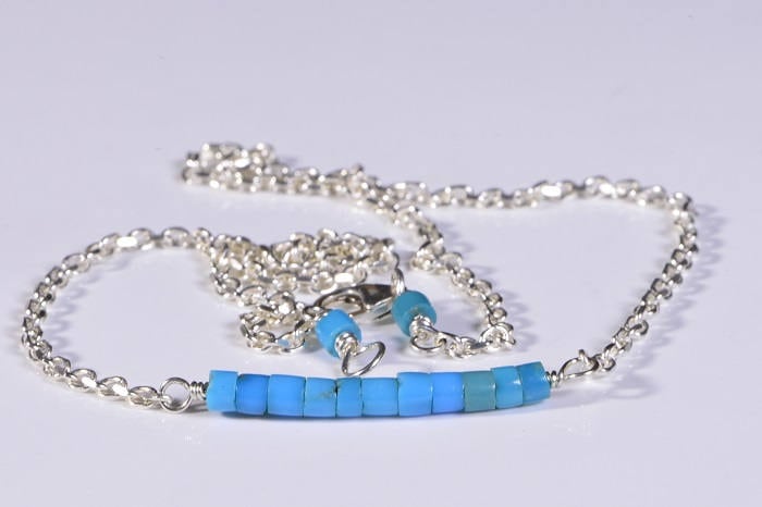 Sleeping Beauty Turquoise Bar Necklace, Sterling Silver Heishi Beads