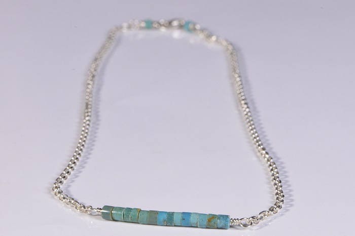 Kingman Turquoise Bar Necklace, Sterling Silver Heishi Beads