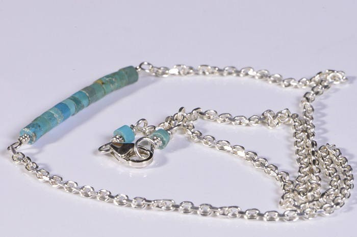 Kingman Turquoise Bar Necklace, Sterling Silver Heishi Beads