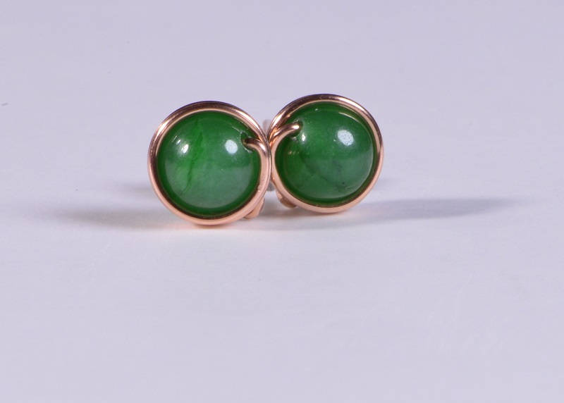 Green Jade Stud Earrings: Copper Wire Wrapped Post Earrings