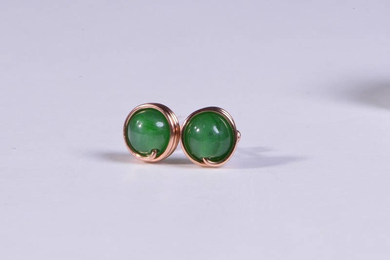 Green Jade Stud Earrings: Copper Wire Wrapped Post Earrings