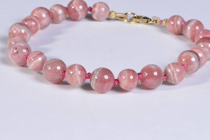 Rhodochrosite Beaded Bracelet, Knotted Gemstone, 14K Gold Filled Clasp