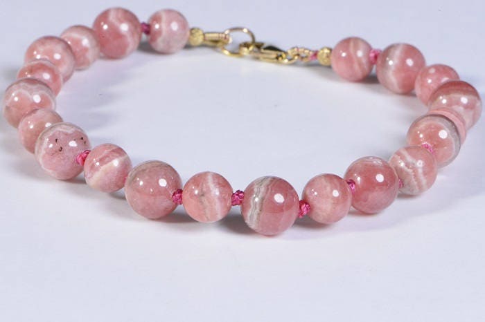 Rhodochrosite Beaded Bracelet, Knotted Gemstone, 14K Gold Filled Clasp
