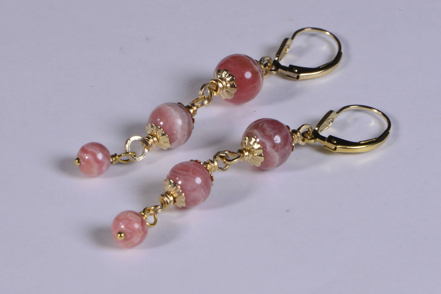 Rhodochrosite Earrings, 14K Gold Filled Wire Wrapped Dangle Earrings