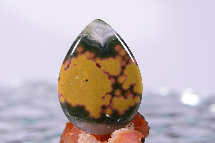 Teardrop Ocean Jasper Cabochon: Green, Yellow, and Red Gemstone (30x22x5.5mm)