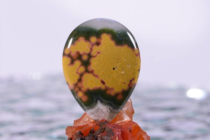 Teardrop Ocean Jasper Cabochon: Green, Yellow, and Red Gemstone (30x22x5.5mm)