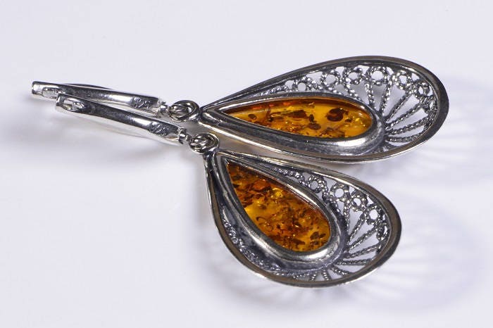 Baltic Amber Dangle Earrings: Sterling Silver Filigree Jewelry