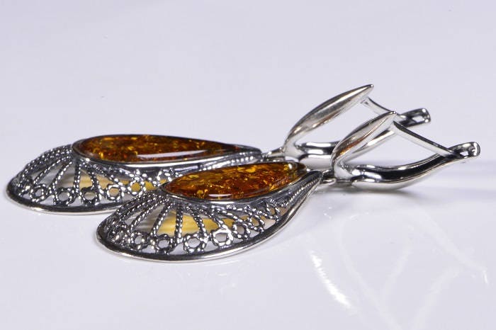 Baltic Amber Dangle Earrings: Sterling Silver Filigree Jewelry