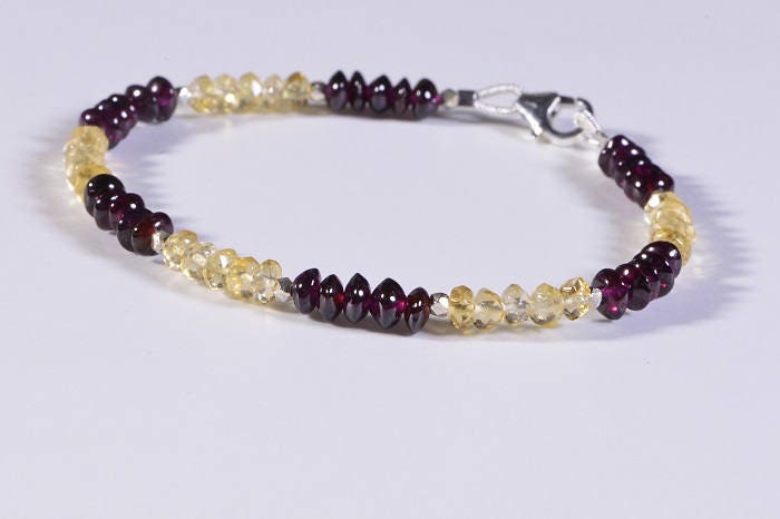 Garnet & Citrine Bracelet, Sterling Silver Beads, Crystal Healing, 7.5 Inch