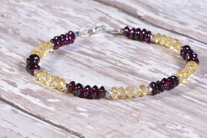 Garnet & Citrine Bracelet, Sterling Silver Beads, Crystal Healing, 7.5 Inch