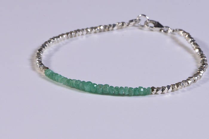 Genuine Colombian Emerald Bracelet, Sterling Silver Facet Bead Bracelet