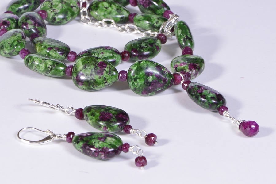 Zoisite Ruby Necklace & Teardrop Earrings, Sterling Silver Set