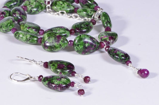 Zoisite Ruby Necklace & Teardrop Earrings, Sterling Silver Set