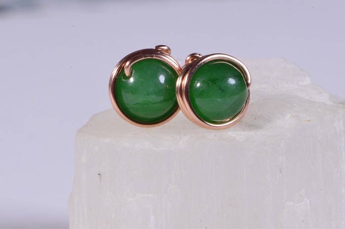Green Jade Stud Earrings: Copper Wire Wrapped Post Earrings