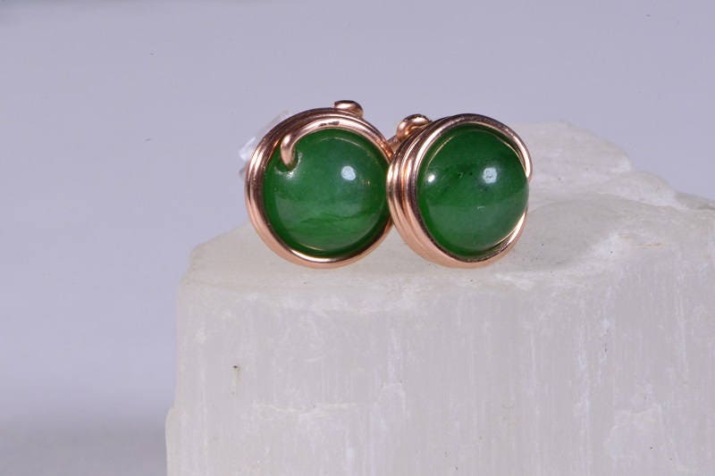 Green Jade Stud Earrings: Copper Wire Wrapped Post Earrings