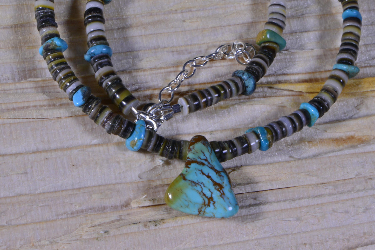 Kingman Turquoise Necklace, Sterling Silver Clasp, Oyster Shell Heishi
