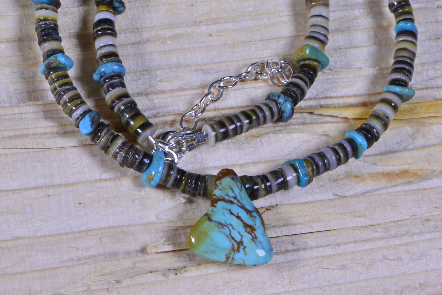 Kingman Turquoise Necklace, Sterling Silver Clasp, Oyster Shell Heishi