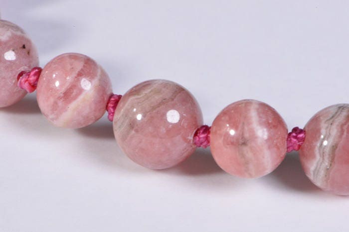 Rhodochrosite Beaded Bracelet, Knotted Gemstone, 14K Gold Filled Clasp